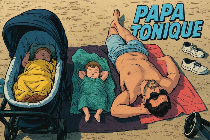 Mon fils Aurèle dans la poussette, mon fils Émile allongé sur une serviette, et moi, couché avec eux dans le sable